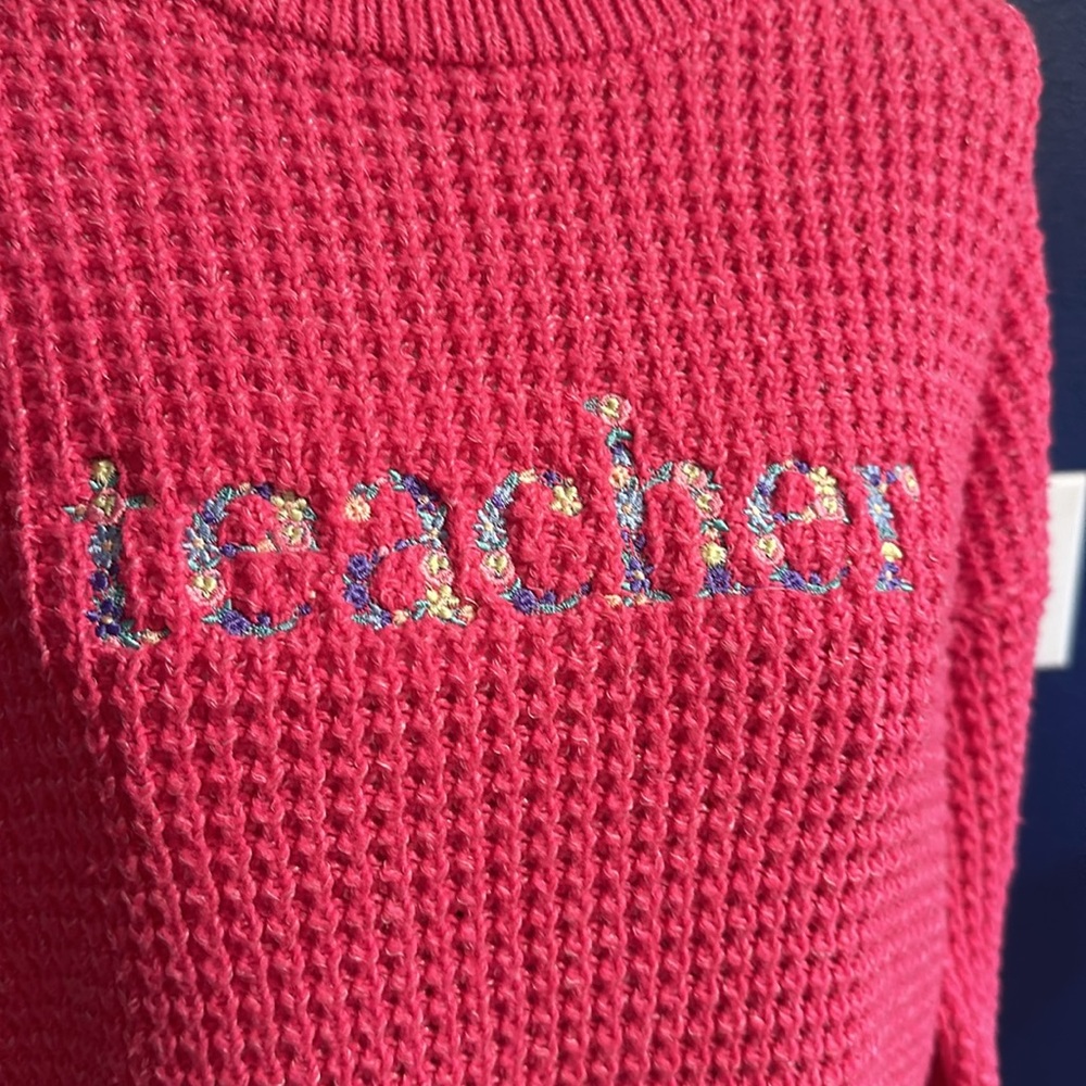 Embroidered Teacher Shirt Sweater with Floral Embroidery Pink Waffle Sweater NWT